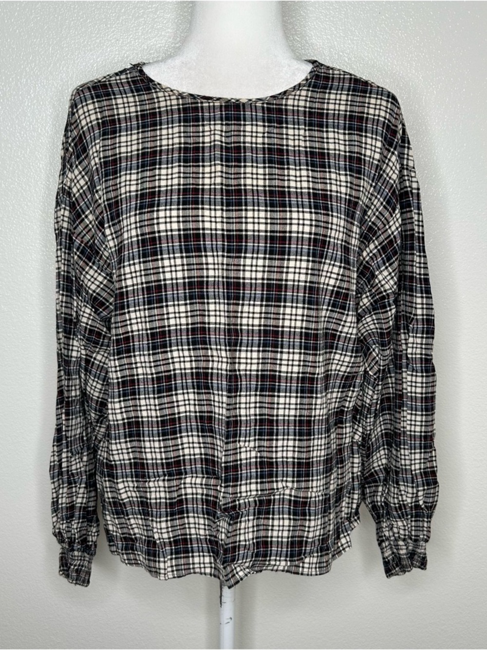 Zara Black, White and Red Plaid Long Sleeve Top